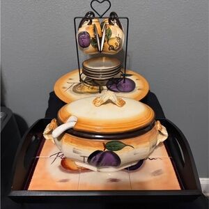 Hand-Painted Ceramic Plum Soup Tureen Set